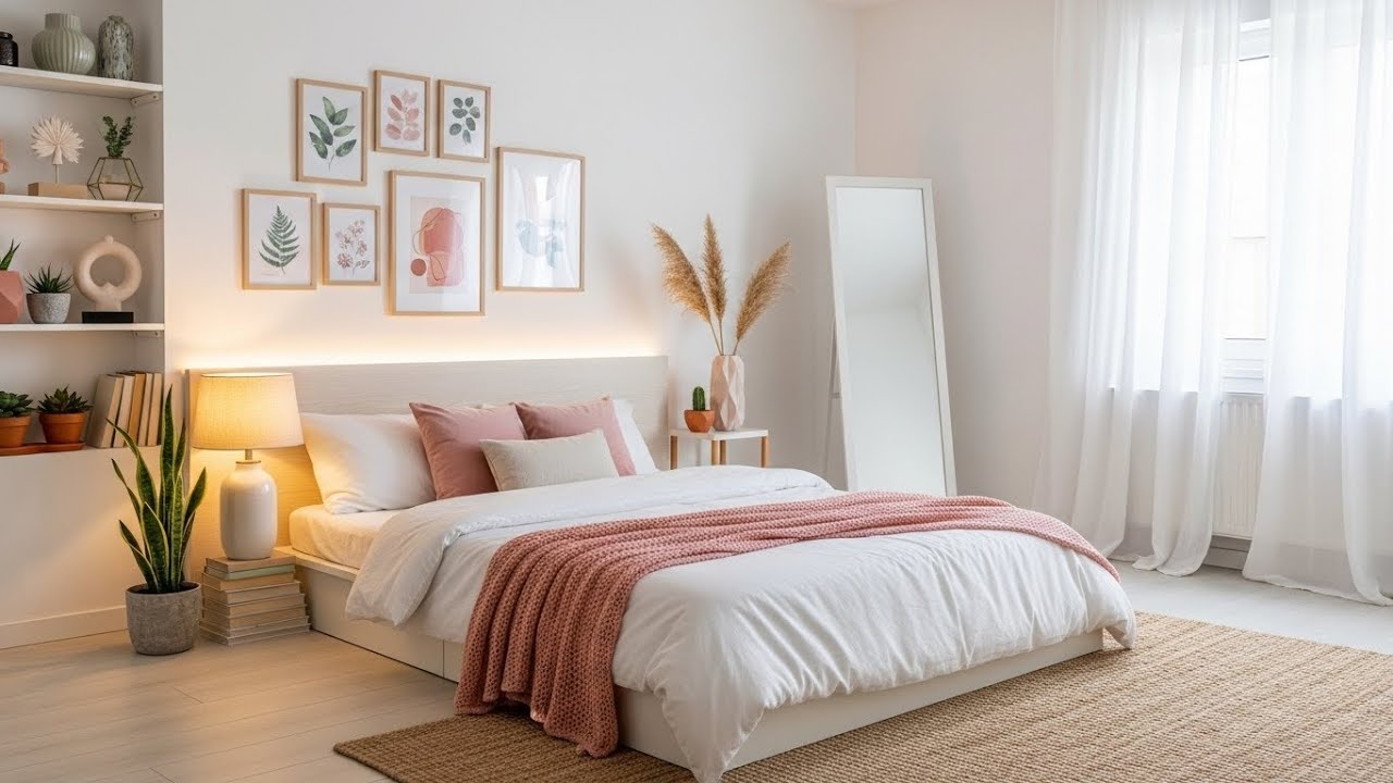 Neatly arranged bedroom with a bed, lamps, and decorative elements.