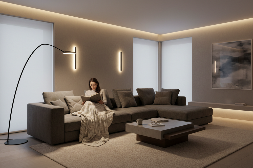 cozy modern room with lighting that illuminates with a soft, modern glow. Add a person reading on a couch with that light helping them read