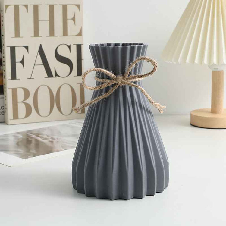Nordic Durable Plastic Flower Vase – Modern Home Accent | Elden Home with a textured grey finish and decorative twine.