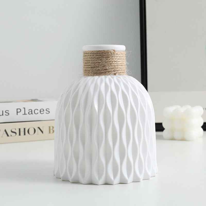 Nordic Durable Plastic Flower Vase – Modern Home Accent | Elden Home with textured white design and natural twine detail