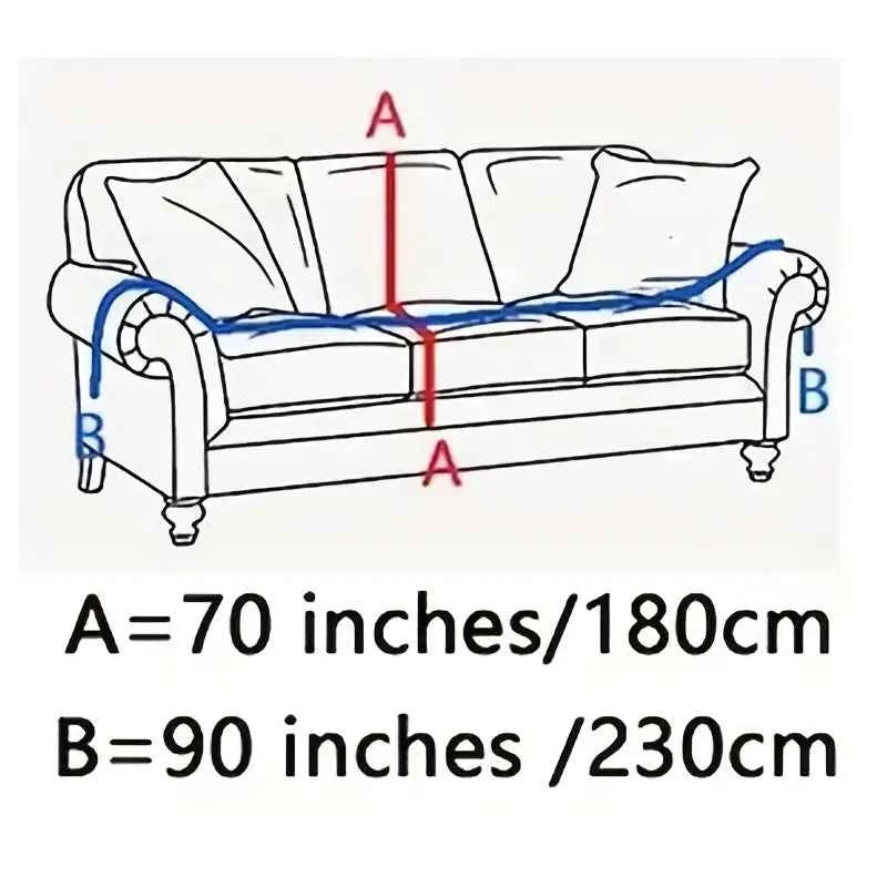 Diagram showing sofa measurements: A = 70 inches/180cm, B = 90 inches/230cm for accurate fitting.