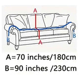 Diagram showing sofa measurements: A = 70 inches/180cm, B = 90 inches/230cm for accurate fitting.