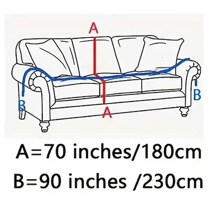 Diagram showing sofa measurements: A = 70 inches/180cm, B = 90 inches/230cm for accurate fitting.