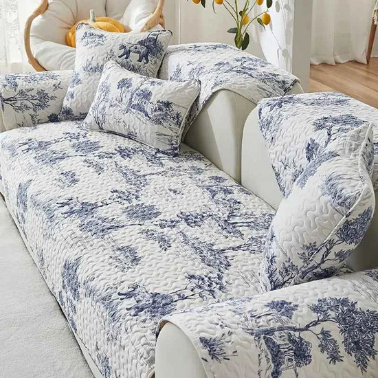 Universal sofa cover in floral design, highlighting a stretch fabric sofa cover for durable furniture protection.
